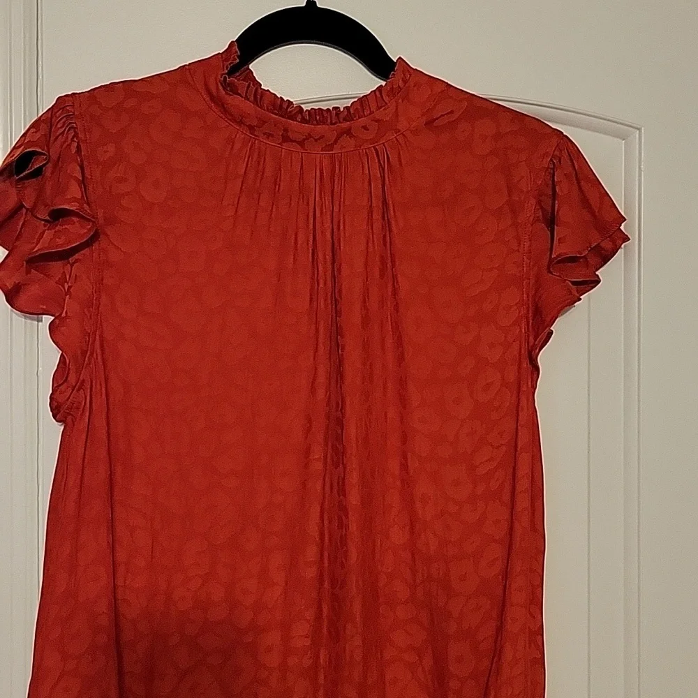 Red Short Sleeve Ruffle Button Down - Picture 4 of 4